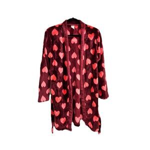 Women's Plush Soft And Warm Red Burgundy Short Bathrobe w/ Pink Hearts Sz M